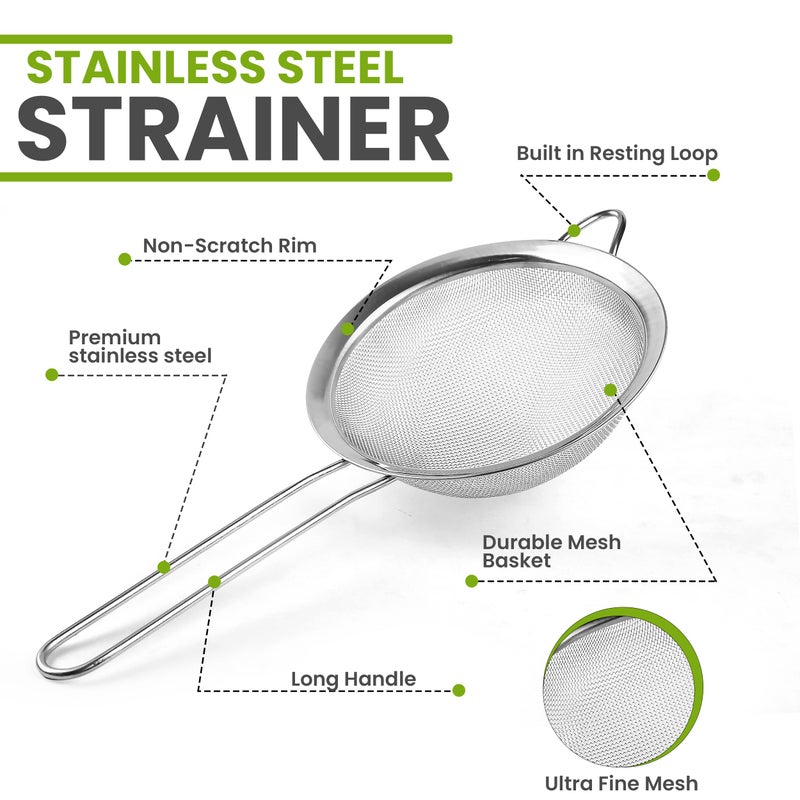Kafoor Set of 2 Stainless Steel Mesh Strainers for Kitchen - 5.5 inch Round Fine Mesh Strainer & 3.4 inch Conical Strainer Fine Mesh - Ideal to Sieve Pasta Noodles, Quinoa, Tea, Coffee, Juices, Flour - Image 4